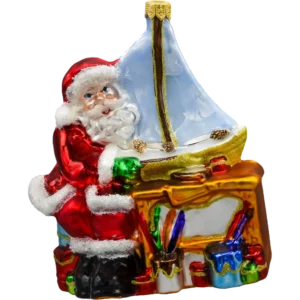Szklana Bombka Choinkowa Figurka Forma ze szkła Święty Mikołaj przy stole z żaglówką