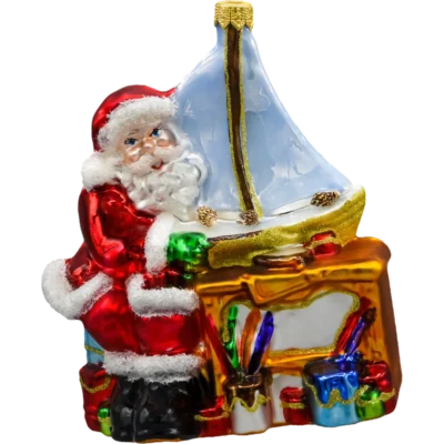 Szklana Bombka Choinkowa Figurka Forma ze szkła Święty Mikołaj przy stole z żaglówką