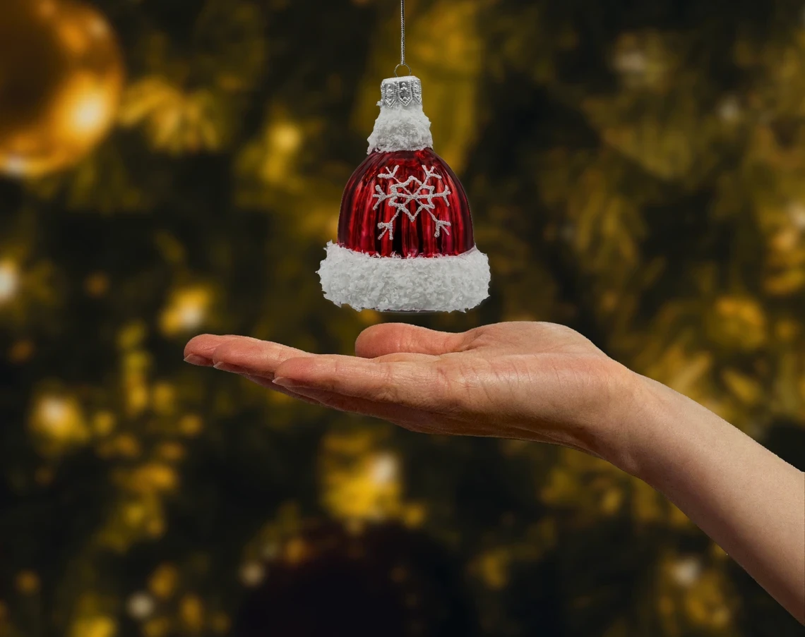 Bombka szklana figurka Czapka zimowa z płatkiem śniegu realne zdjęcie