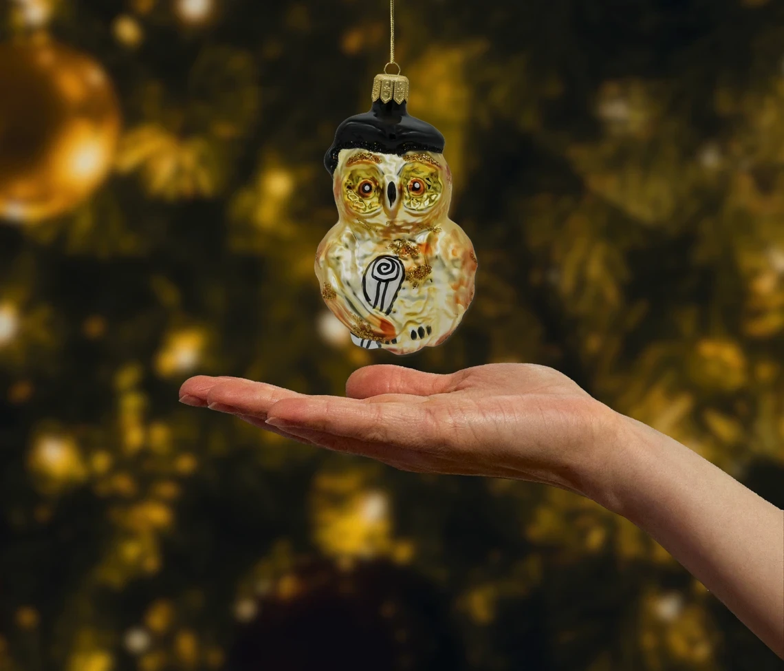 Bombka szklana figurka Sowa z biretem realne zdjęcie