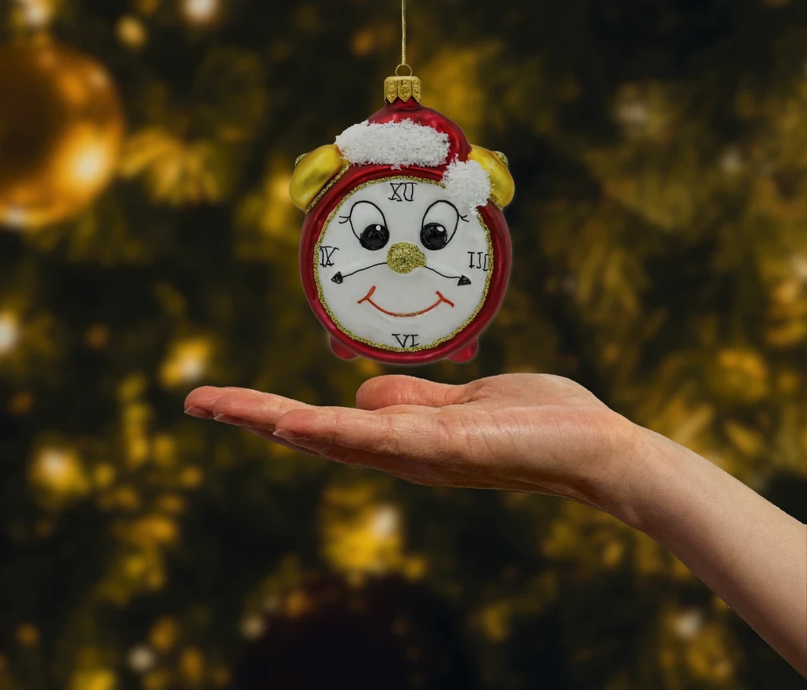 Bombka szklana Zegar świąteczny budzik czerwony realne zdjęcie