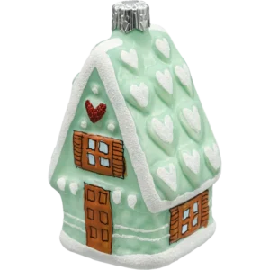 Szklana Bbombka Choinkowa figurka forma ze szkła Domek z serduszkami miętowy bok