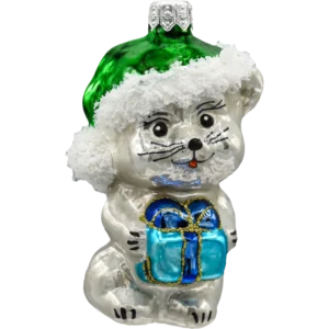 Szklana Bombka Choinkowa Figurka Forma ze szkła kotek w świątecznej zielonej czapce