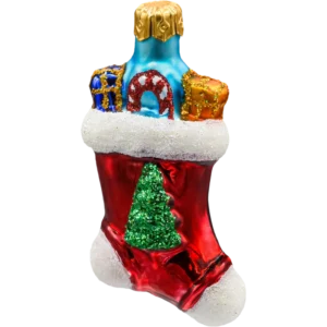 Szklana Bombka Choinkowa Figurka Forma ze szkła Świąteczna skarpeta z prezentami bok