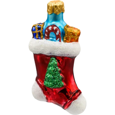 Szklana Bombka Choinkowa Figurka Forma ze szkła Świąteczna skarpeta z prezentami bok