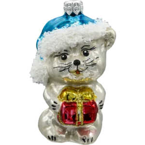 Szklana Bombka Choinkowa Figurka Forma ze szkła Świąteczny kotek w czapce Mikołaja z prezentem front