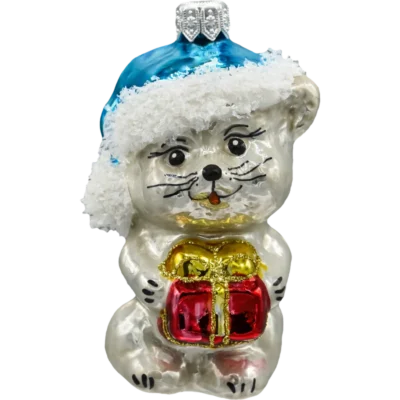 Szklana Bombka Choinkowa Figurka Forma ze szkła Świąteczny kotek w czapce Mikołaja z prezentem front