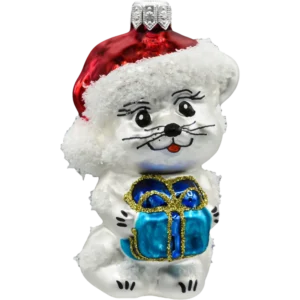 Szklana Bombka Choinkowa Figurka Forma bańka ze szkła Świąteczny kotek w czapce święego mikołaja z prezentem