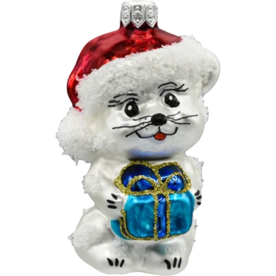 Szklana Bombka Choinkowa Figurka Forma bańka ze szkła Świąteczny kotek w czapce święego mikołaja z prezentem