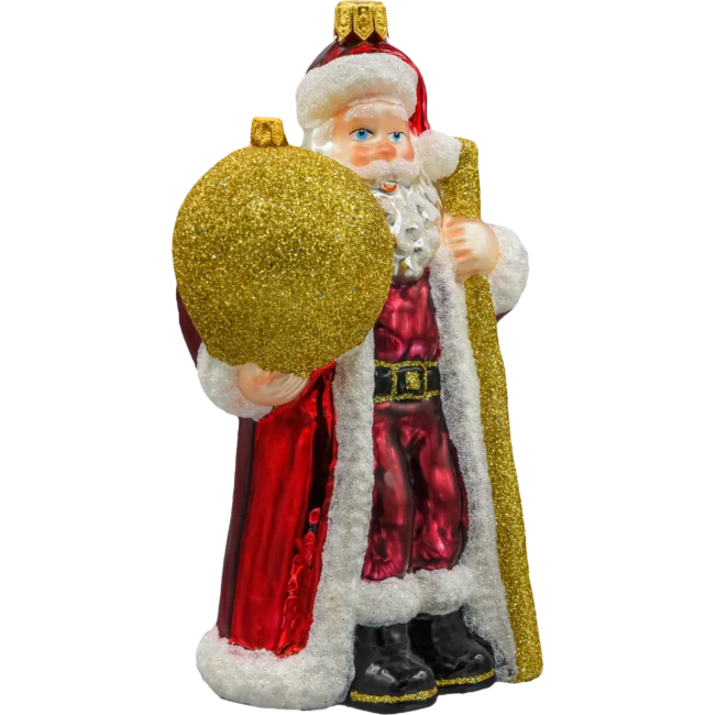 Szklana Bombka Choinkowa Figurka Forma ze szkła Święty Mikołaj ze złotą bombką bok