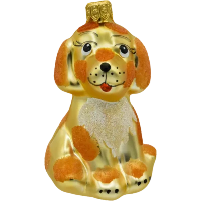 Szklana Bombka Choinkowa Figurka forma ze szkła Złoty piesek z rudymi łatkami