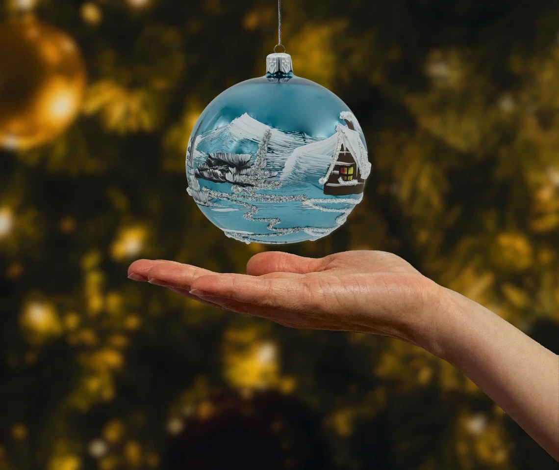 Szklana Bombka okrągła Zimowa Kraina: błękitna realne zdjęcie