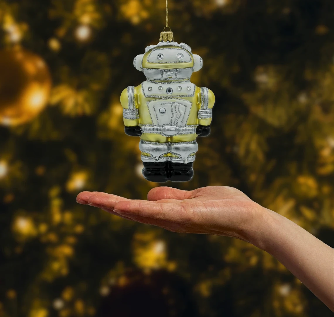 Bombka szklana figurka Robot: żółto-biały realne zdjęcie