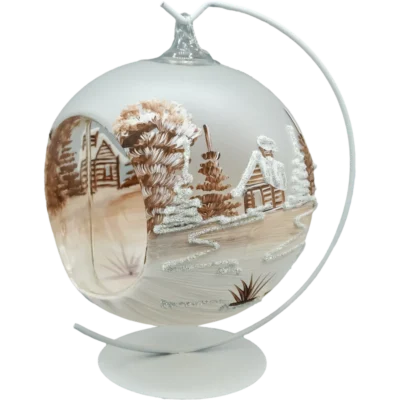 Szklana Bombka Choinkowa figurka forma bańka ze szkła kula z otworem lampion i stojak brązowy kościółek