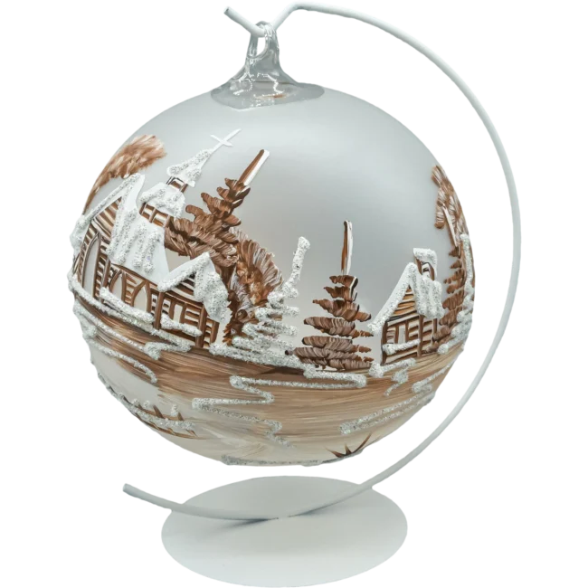 Szklana Bombka Choinkowa figurka forma bańka ze szkła kula z otworem lampion i stojak brązowy kościół tył