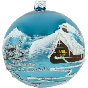 Szklana Bombka choinkowa figurka okrągła kula ze szkła niebieska chatka zimowa błękitna