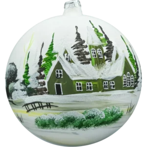 Szklana Bombka choinkowa okrągła duża kula ze szkła zimowy zielony kościółek