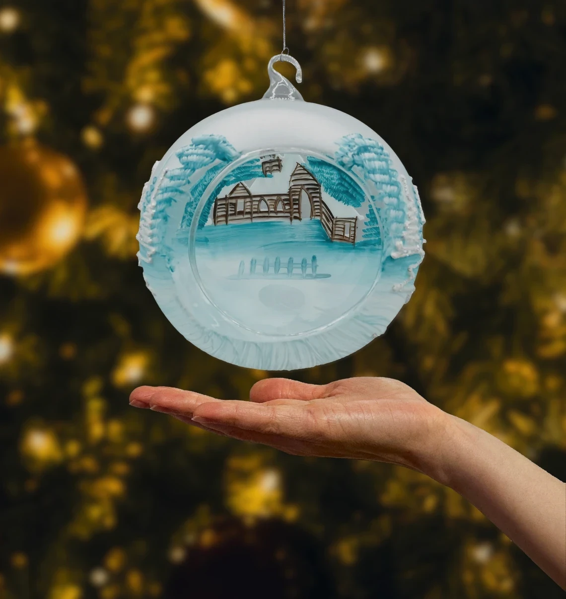 Bombka Lampion ze stojakiem: błękitny Kościółek realne zdjęcie