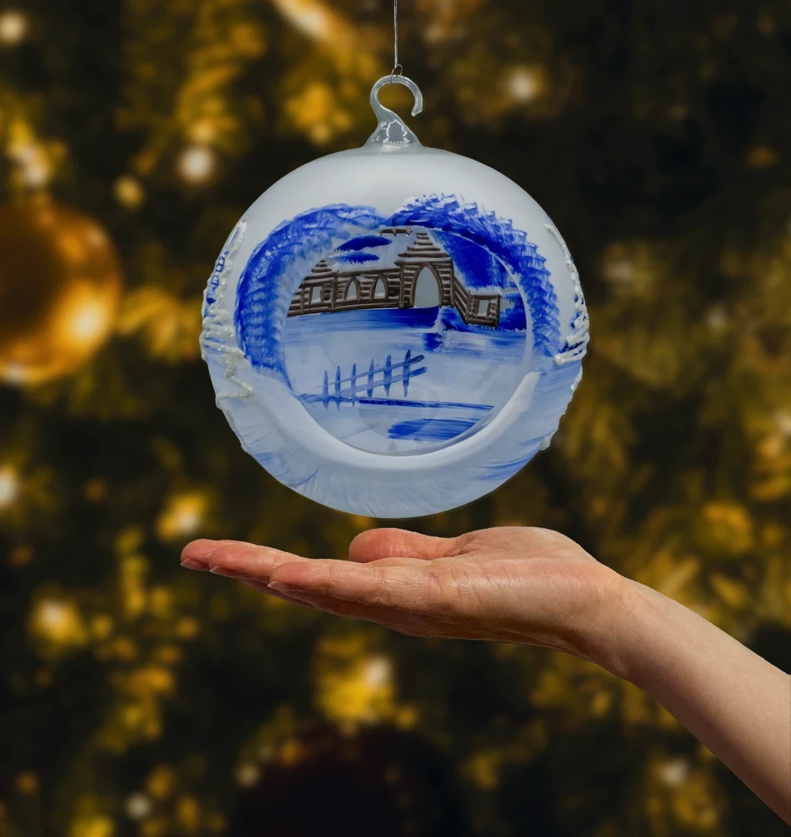 Bombka Lampion ze stojakiem: biel i kobalt realne zdjęcie