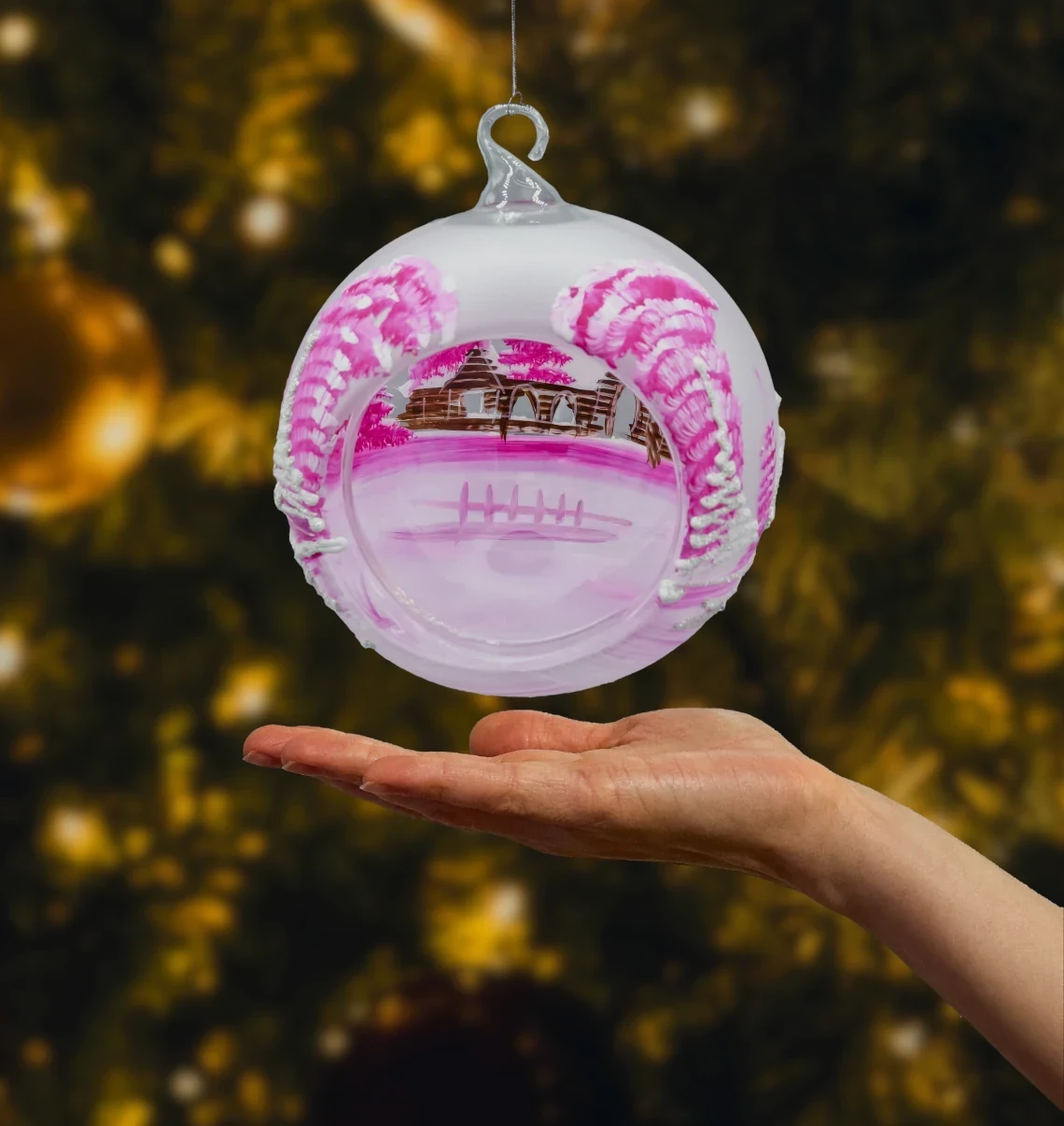 Szklana Bombka Lampion ze stojakiem: Różowa Zima realne zdjęcie