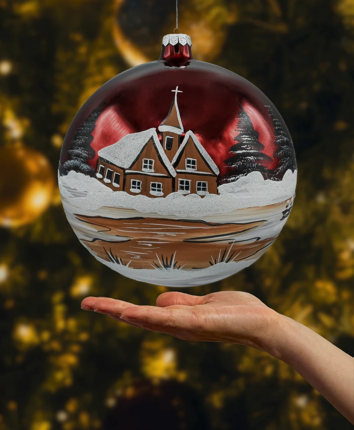 Bombka okrągła duża: bordowy Kościółek realne zdjęcie