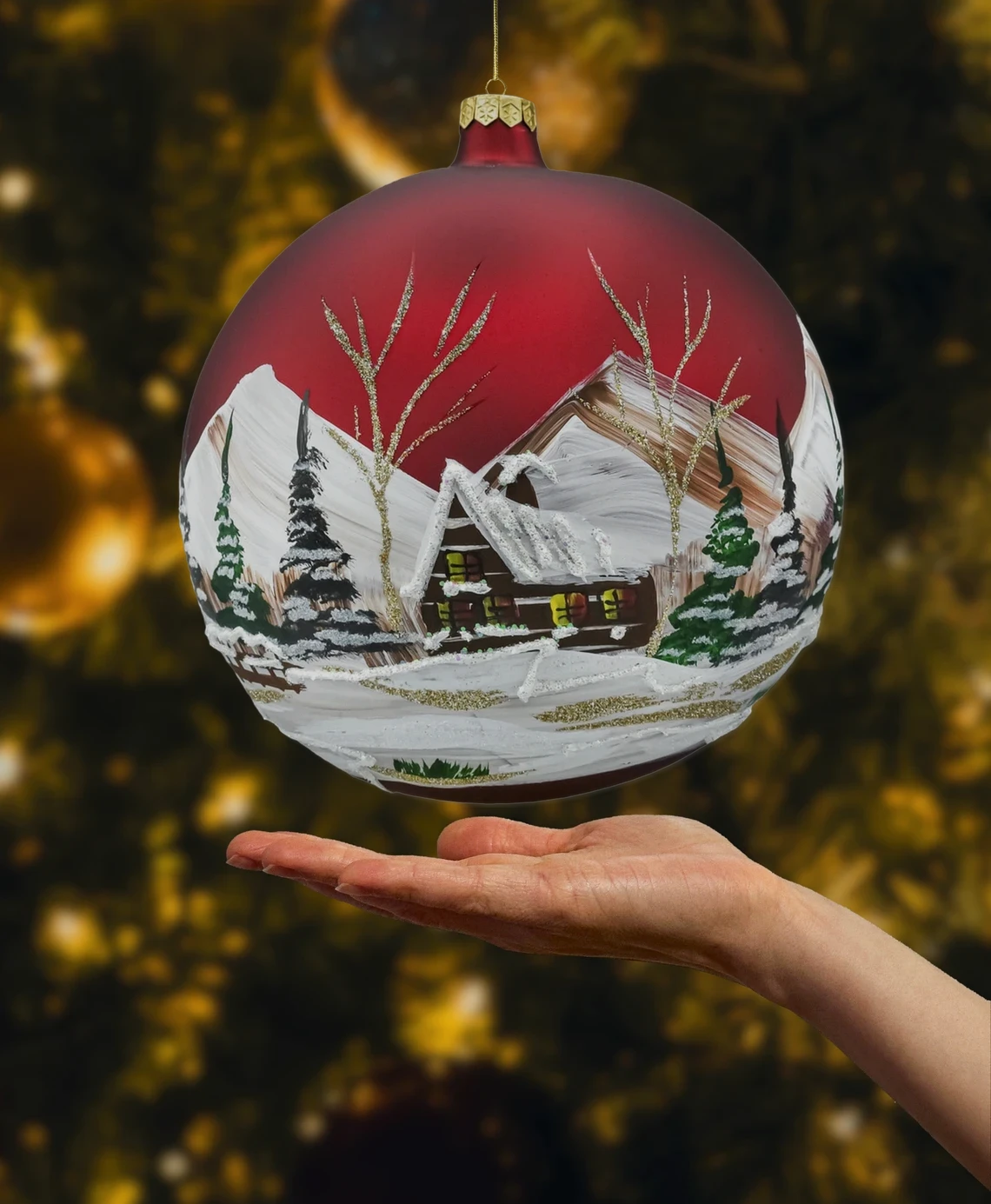 Bombka okrągła duża: Zimowy Pejzaż czerwony realne zdjęcie