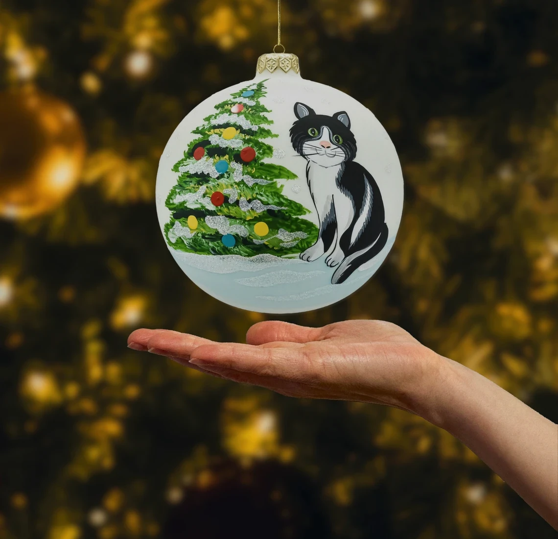 Bombka okrągła: Kotek przy choince realny wymiar
