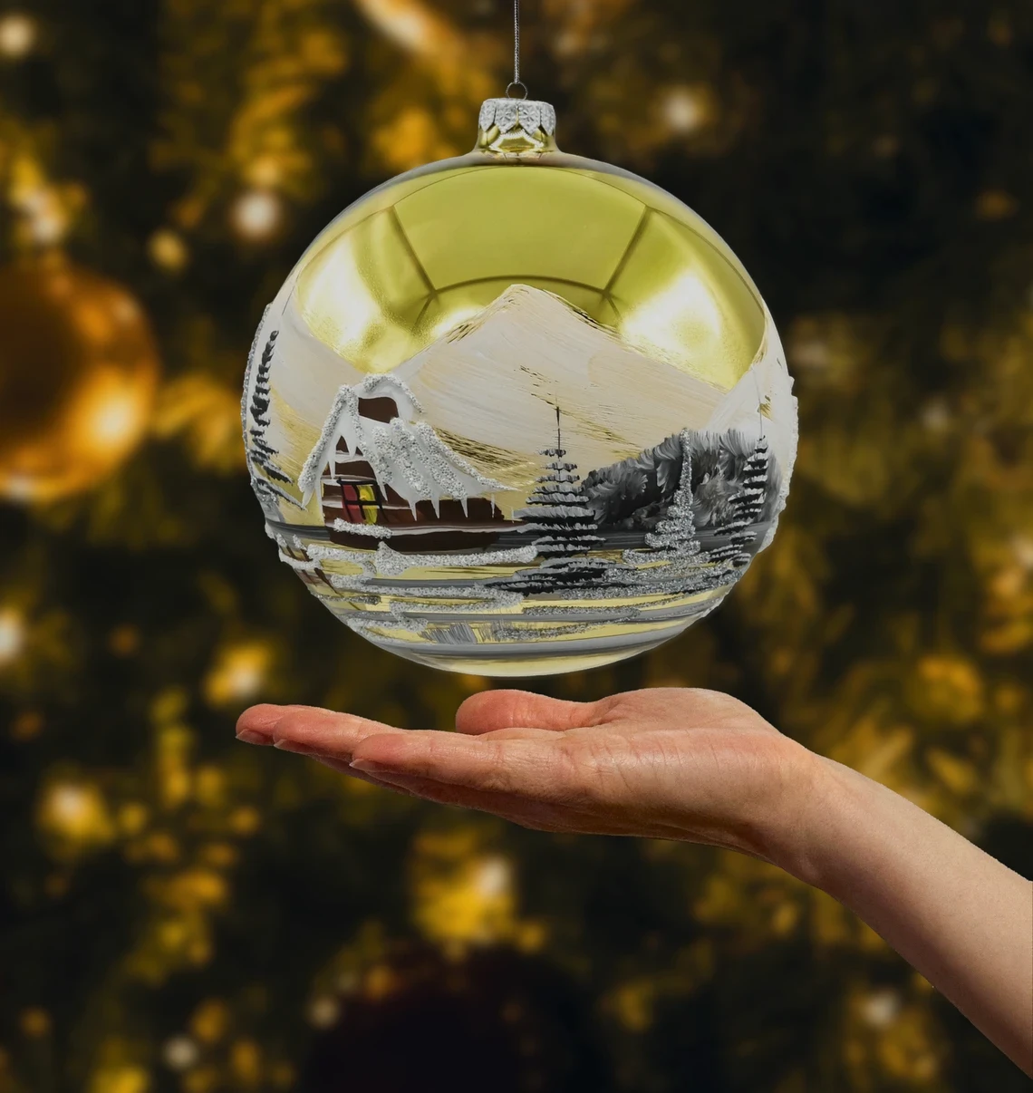 Bombka okrągła Złoty Zimowy Pejzaż realny wymiar