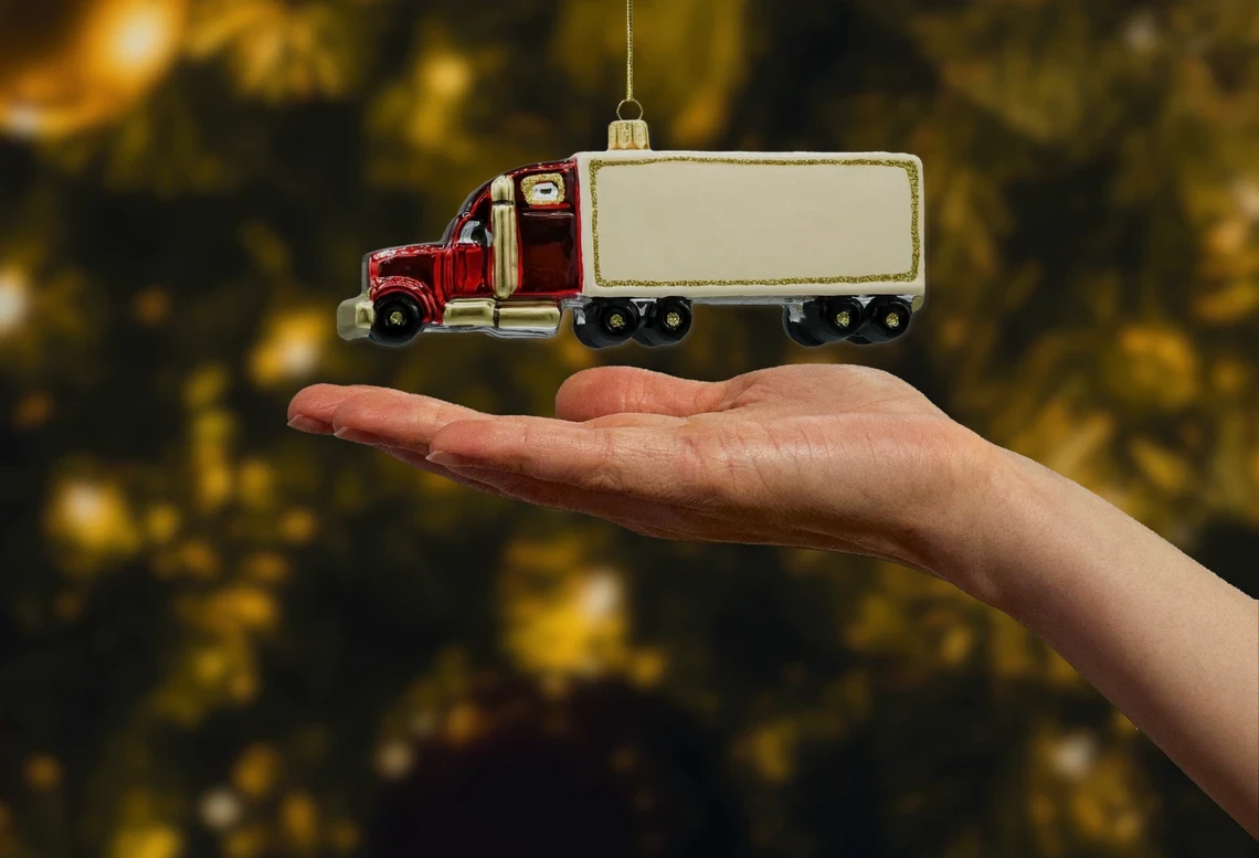 Bombka szklana figurka Ciężarówka Tir z naczepą: beżowa realne zdjęcie