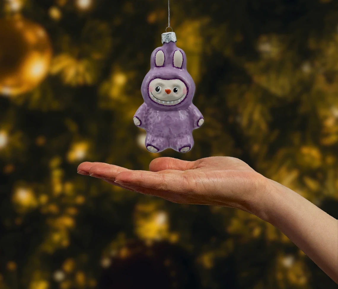 Bombka szklana figurka Labubu: fioletowe realne zdjęcie