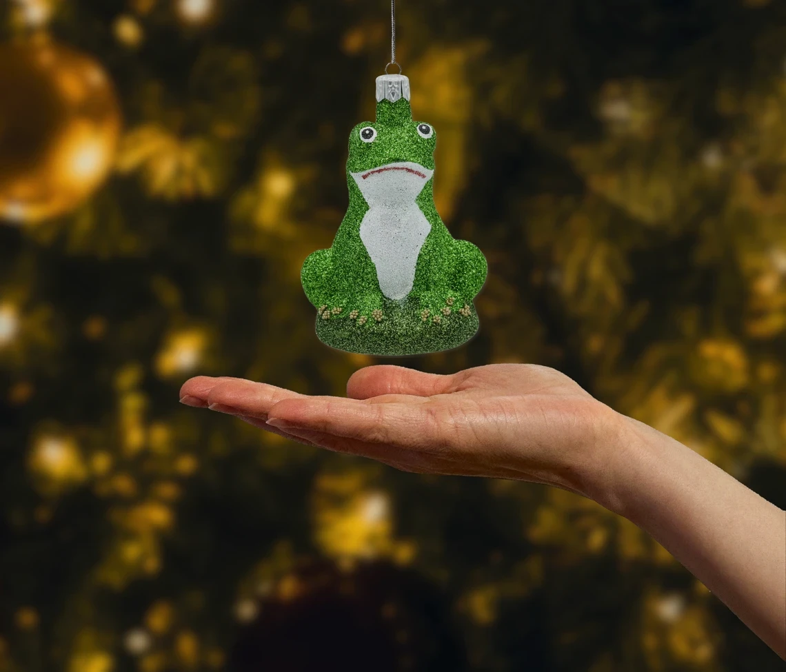 Bombka szklana figurka Żaba brokatowa: ciemnozielona realny wymiar