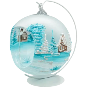Szklana bombka choinkowa lampion ze stojakiem błękitny kościółek
