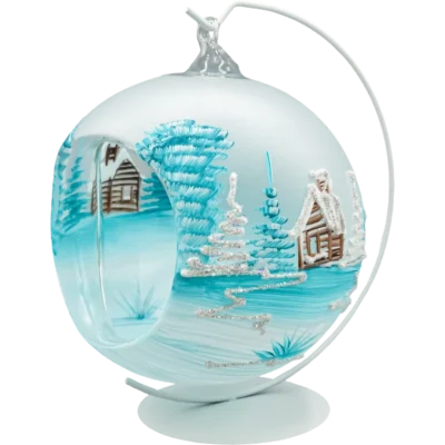 Szklana bombka choinkowa lampion ze stojakiem błękitny kościółek