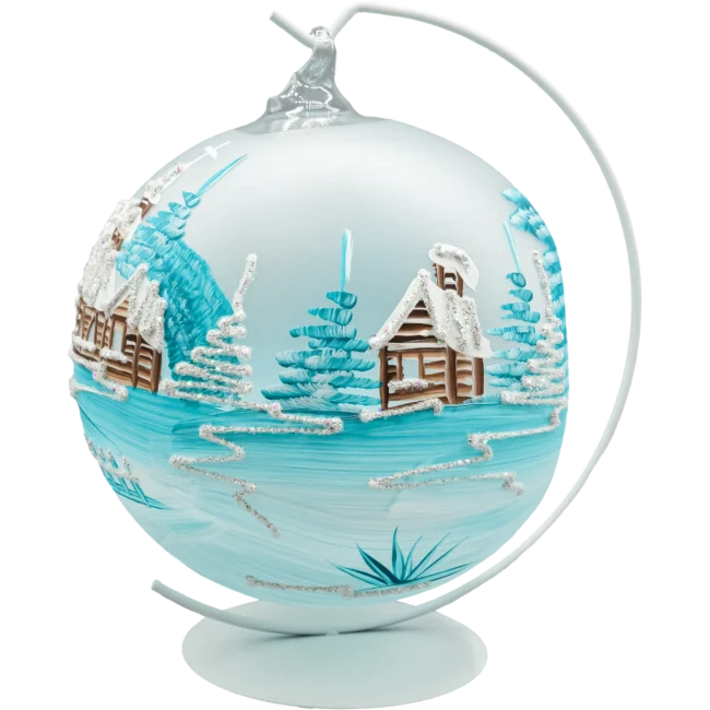 Szklana bombka choinkowa lampion ze stojakiem błękitny kościółek wieszak tył