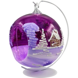 Szklana bombka choinkowa lampion ze stojakiem fioletowy kościółek front na wieszaku