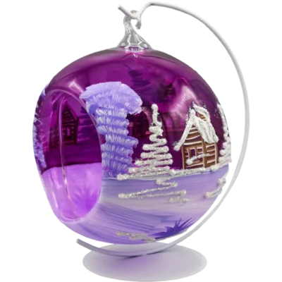 Szklana bombka choinkowa lampion ze stojakiem fioletowy kościółek front na wieszaku