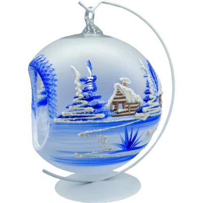 Szklana bombka z dziurą lampion na stojaku niebieski biały