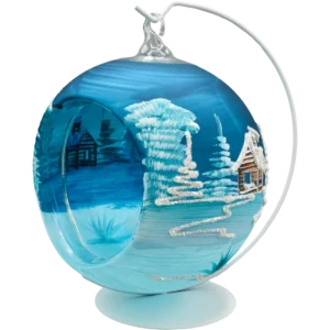 Szklana bombka choinkowa lampion ze stojakiem niebieski kościółek