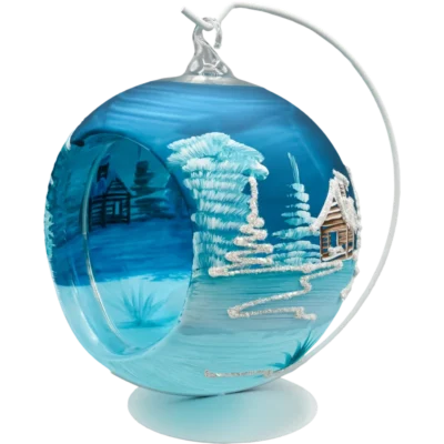 Szklana bombka choinkowa lampion ze stojakiem niebieski kościółek