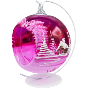 Szklana bombka choinkowa z dziurą lampion różowy ze stojakiem tył na wieszaku