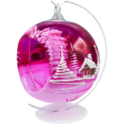Szklana bombka choinkowa z dziurą lampion różowy ze stojakiem tył na wieszaku