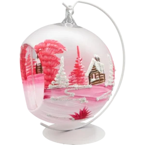Szklana bombka choinkowa lampion ze stojakiem różowy kościółek