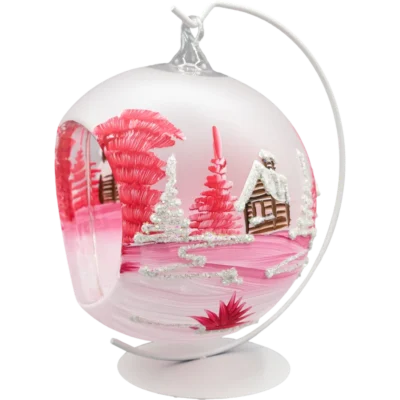Szklana bombka choinkowa lampion ze stojakiem różowy kościółek