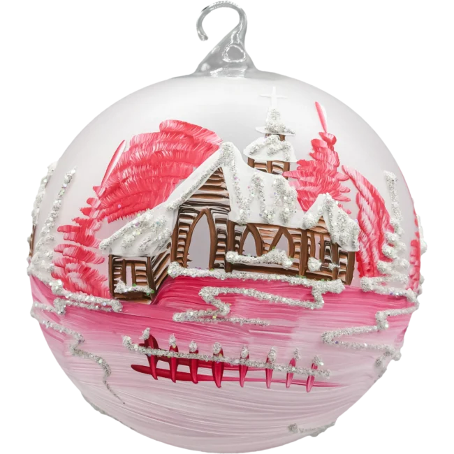 Szklana bombka choinkowa lampion ze stojakiem różowy kościółek tył