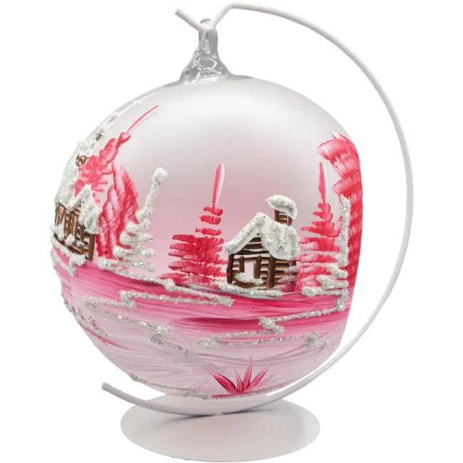 Szklana bombka choinkowa lampion ze stojakiem różowy kościółek tył wieszak