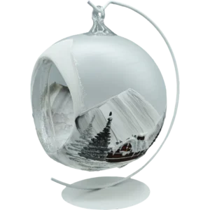 Szklana bombka choinkowa z dziurą lampion biały satynowy ze stojakiem front na wieszaku