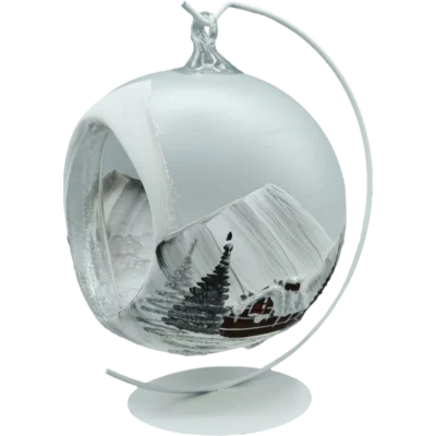Szklana bombka choinkowa z dziurą lampion biały satynowy ze stojakiem front na wieszaku