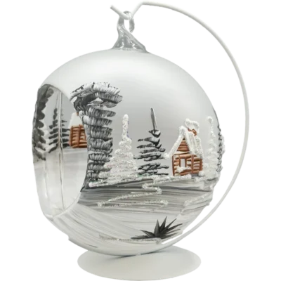 Szklana bombka choinkowa lampion ze stojakiem szary kościółek front na wieszaku