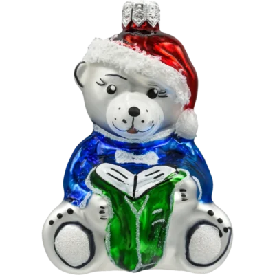 Bombka szklana figurka Miś z książką: srebrny