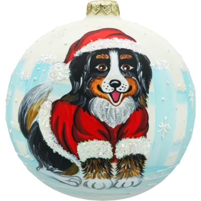 Bombka okrągła: Piesek w stroju Mikołaja